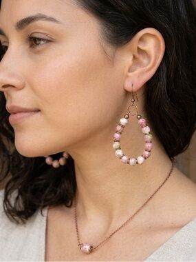 Pink & Light Green Beaded Teardrop Earrings - Women's Jewelry